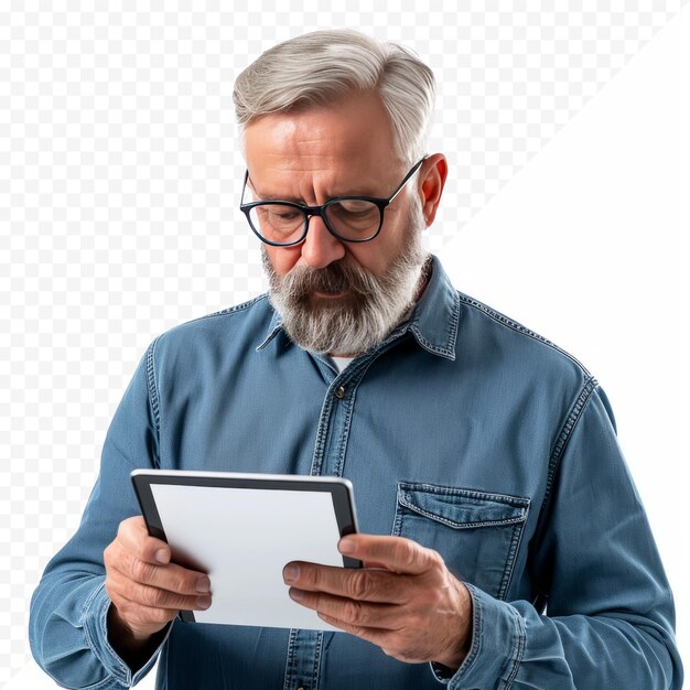 Mądry Biały Dojrzały W średnim Wieku Starszy Freelancer Dziadek Dyrektor Generalny Szef Nauczyciel Profesor Używający Cyfrowego Tabletu Do Zdalnej Pracy Online Oglądając Webinary Izolowane W Białym Izolowanym Tle