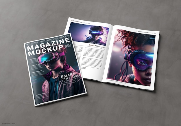 Magazine cover and open magazine on concrete background Mockup