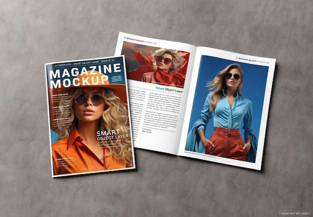 PSD magazine cover and open magazine on concrete background mockup