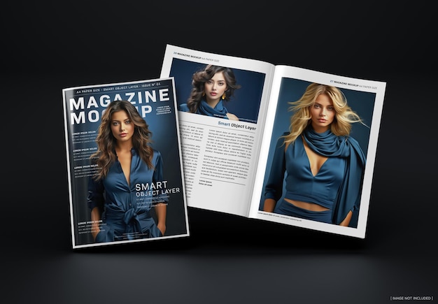 Magazine cover and open magazine floating on dark background mockup