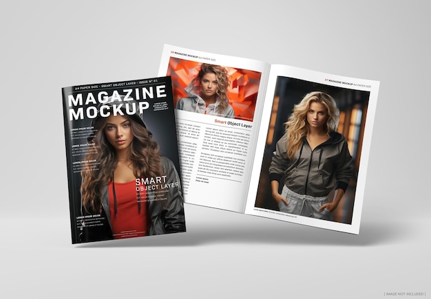 Magazine cover and open magazine floating on white background mockup