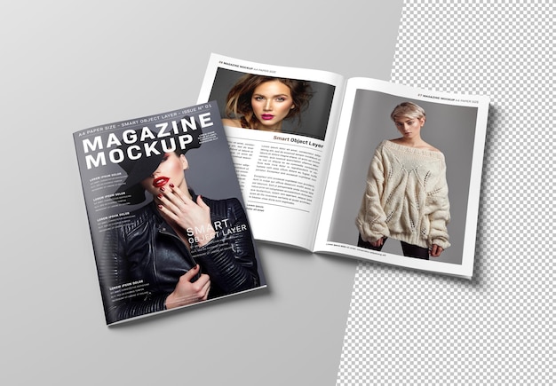 Magazine cover and open magazine on white background mockup