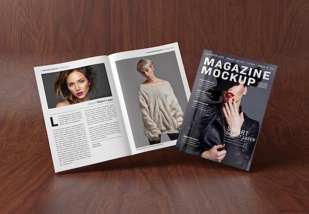 Magazine cover and open magazine on wood background Mockup