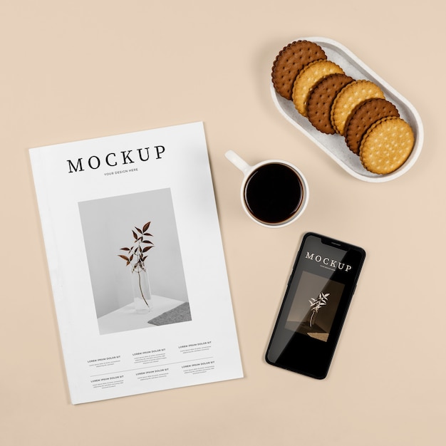 PSD magazine mockup with coffee