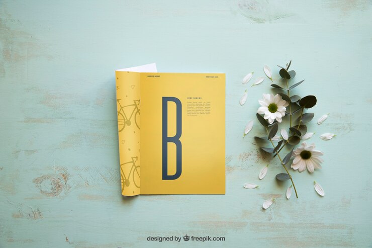 PSD 花飾り付きの雑誌モックアップ