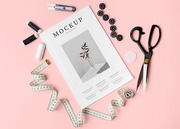 PSD magazine mockup with tailoring objects