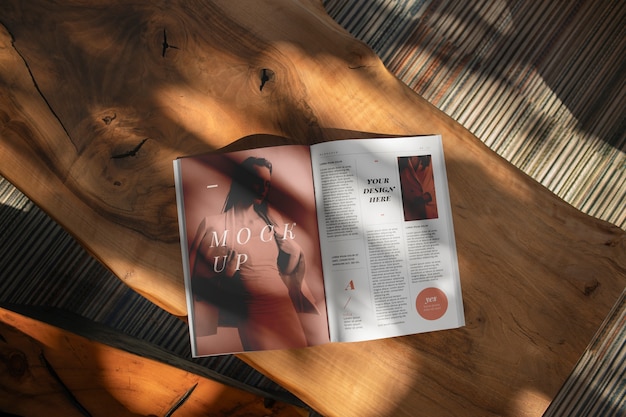 magazine mockup on wooden furniture
