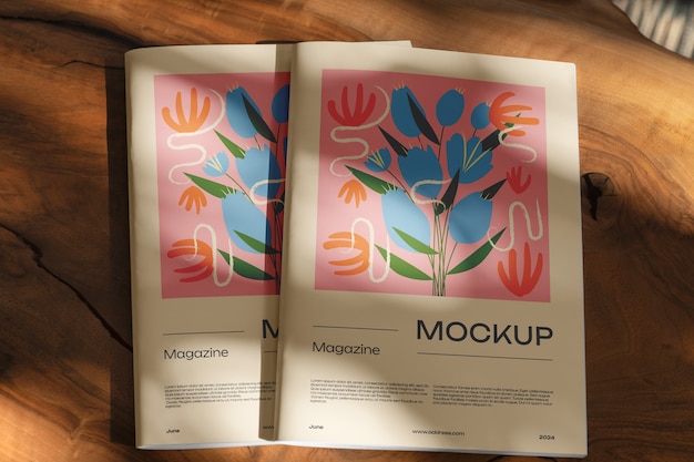 Magazine mockup on wooden furniture