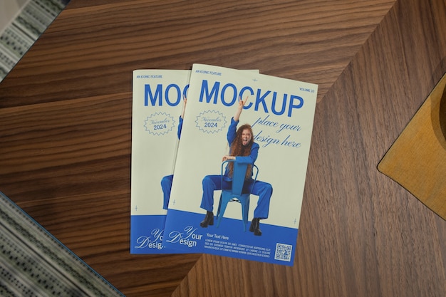 magazine mockup on wooden furniture