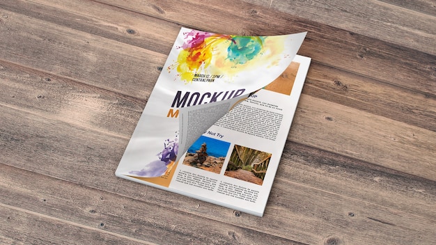 PSD magazine mockup on wooden table