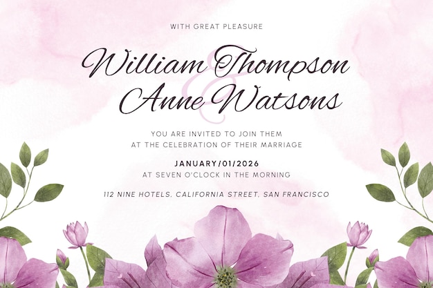 Шаблон свадебного приглашения с пурпурным акварельным цветком