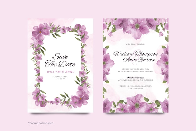 PSD Шаблон свадебного приглашения с пурпурным акварельным цветком