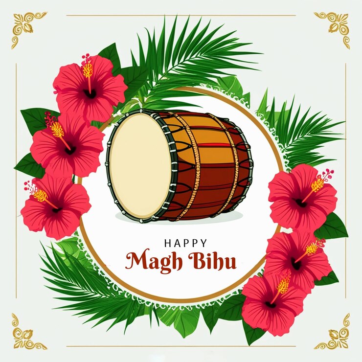 PSD magh bihu assamese festival illustration with dhol and hibiscus