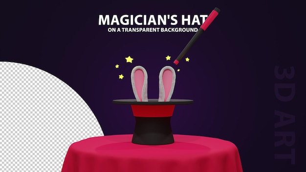 PSD magic hat with rabbit ears on the table, 3d render