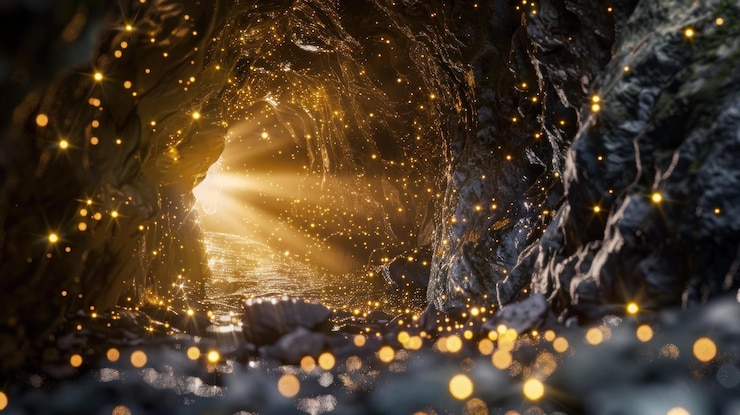 PSD magical cave entrance with glowing particles and sunlight