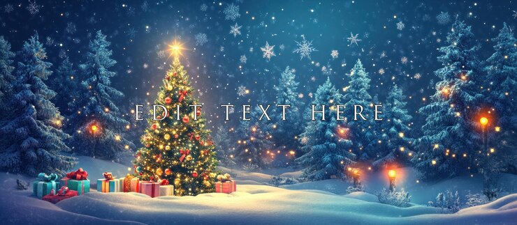 PSD magical christmas tree in snowy forest at night