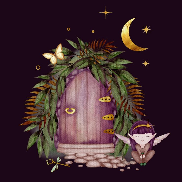 PSD magical fairy door nestled in lush greenery with a whimsical character beside it