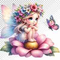 PSD magical fairy sitting on a flower clipart or magical fair