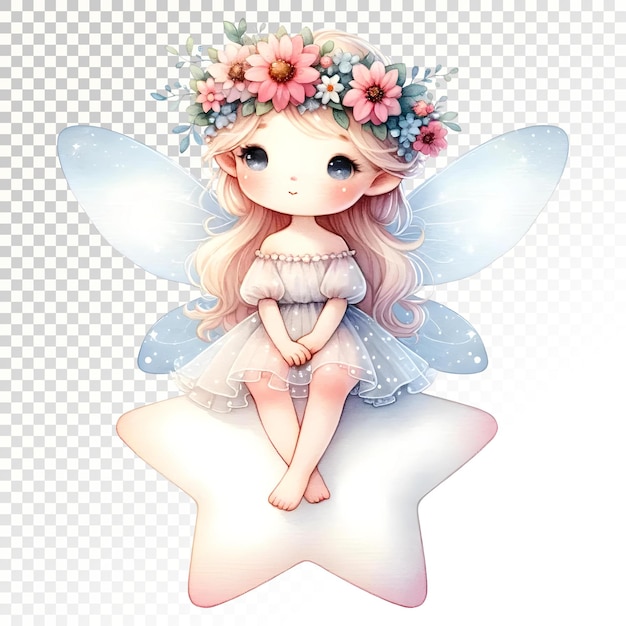 PSD magical fairy sitting on a flower clipart or magical fair