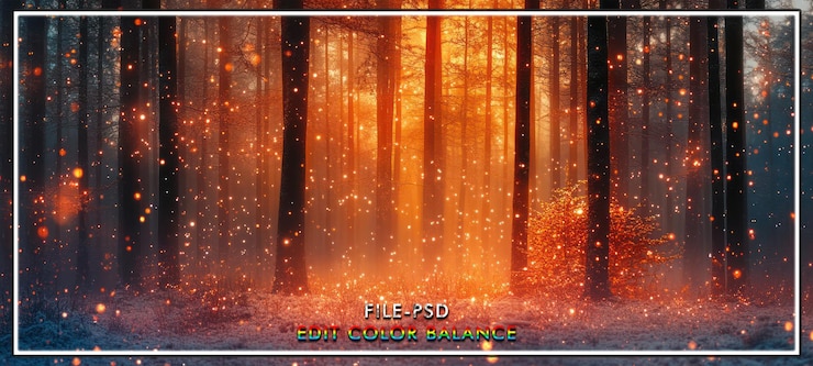 PSD magical forest sunlit snowing fantasy