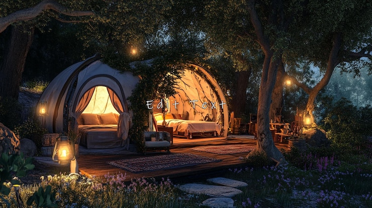 PSD magical glamping tent in enchanted forest at night