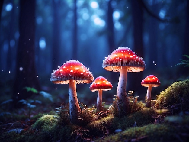 PSD funghi magici e luminosi in una foresta oscura e misteriosa.