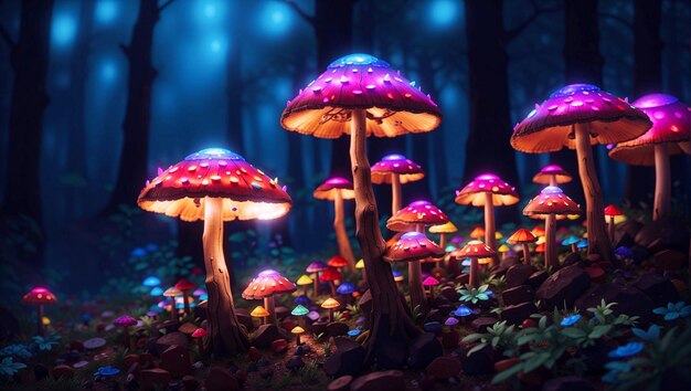 PSD funghi magici e luminosi in una foresta oscura e misteriosa.