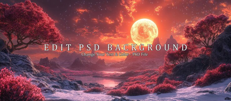 PSD a magical landscape with a large red moon snowy mountains and a winding river in a valley with pink trees