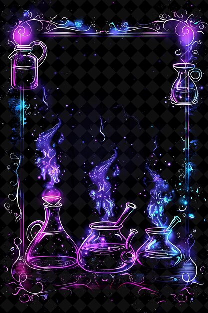 PSD magical potion arcane frame with bubbling cauldrons and myst neon color frame y2k art collection