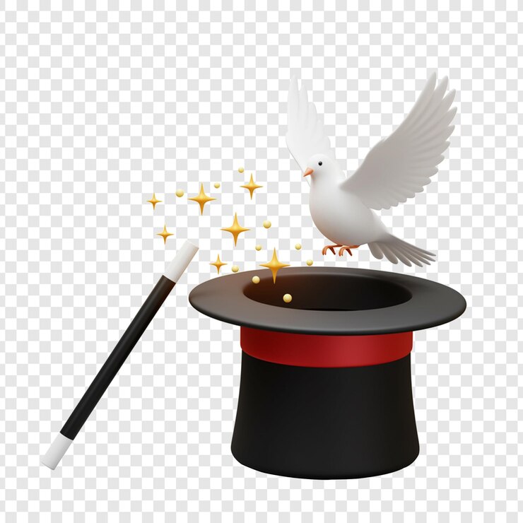 PSD magiczna sztuczka z kapeluszem gołębia i różdżką na przezroczystym tle