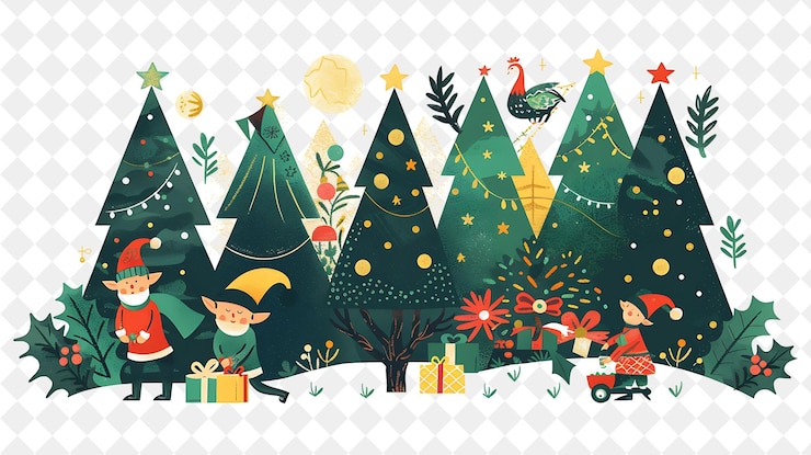 PSD magiczny las świąteczny z elfami tworzącymi zabawki projekt jest ilustracją projekt sztuki świątecznej