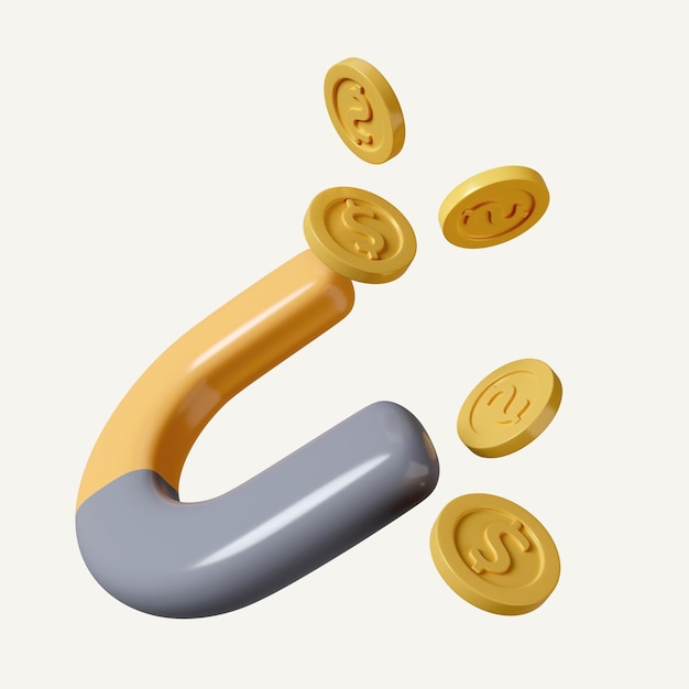 Magnes 3d przyciąga pieniądze monety latają zgodnie z grawitacją pasywny dochód przekraczający ikonę zysku izolowaną na białym tle ilustracja renderowania 3d Ścieżka przycinająca