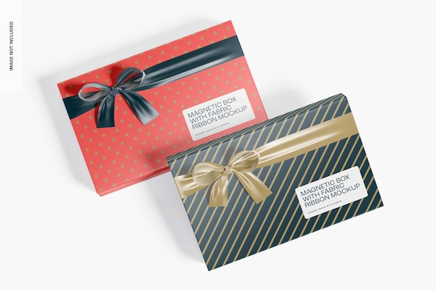 PSD magnetic boxes with fabric ribbon mockup, top view