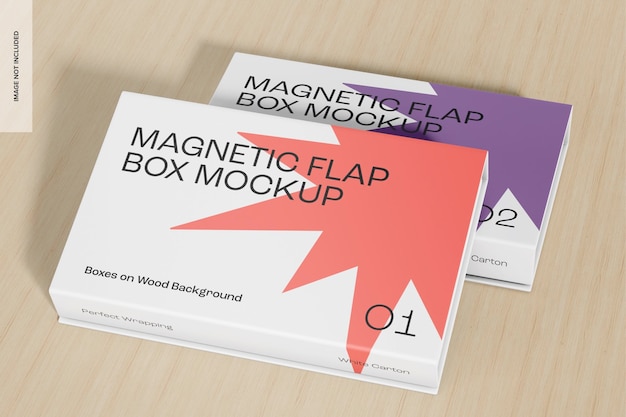 magnetic flap boxes on wood background mockup, leaned