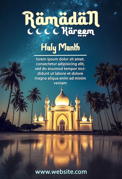 Magnifica moschea sulla spiaggia poster di celebrazione del ramadan kareem