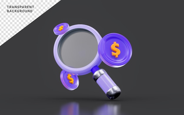 Magnify glass with dollar sing on dark background 3d render concept for finding job earning money