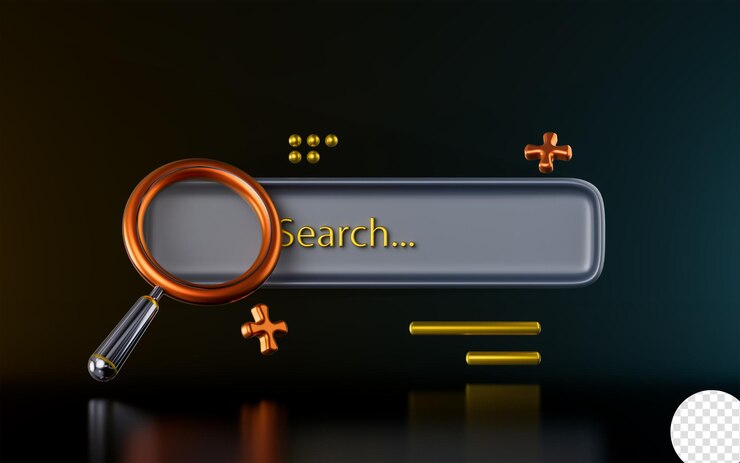 PSD magnify glass with search bar sign on dark background 3d render concept for internet browsing