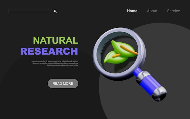 Magnify glass with tree sign on dark background 3d render concept for natural research