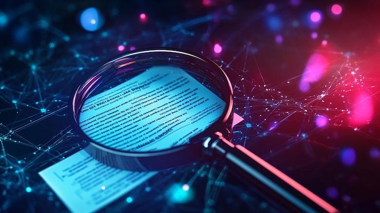 PSD magnifying glass over document on digital network background