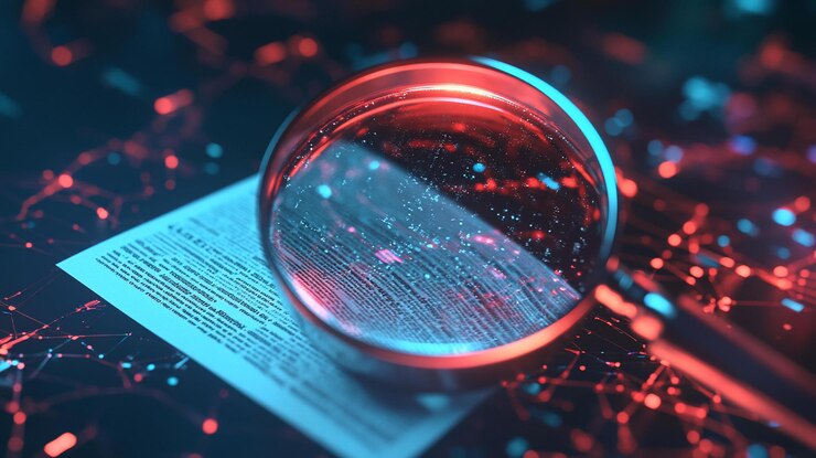 PSD magnifying glass over document with digital data network