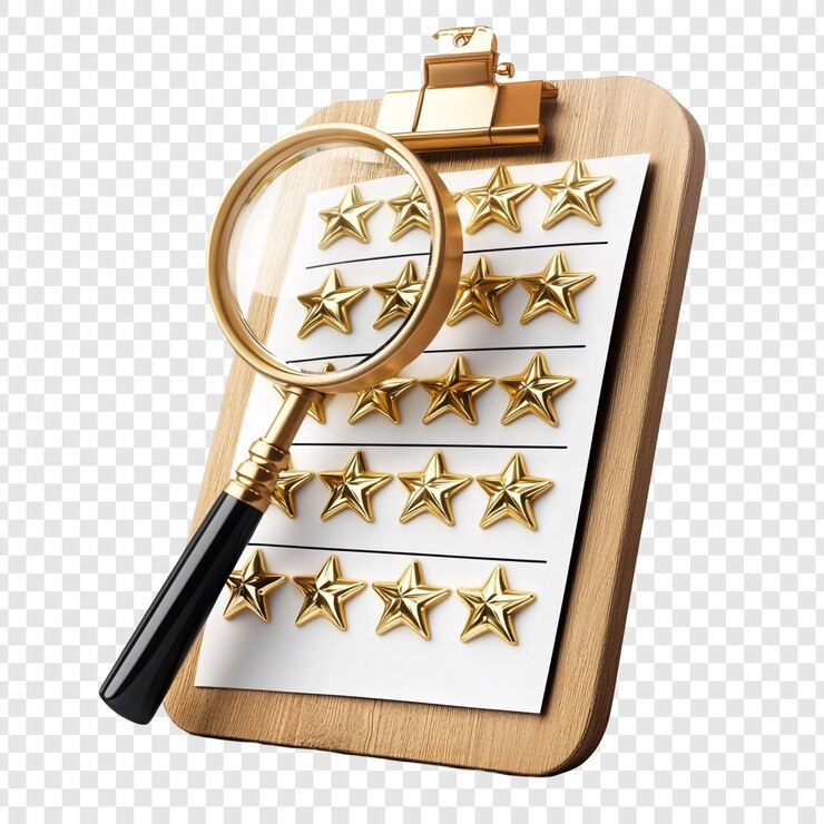 PSD magnifying glass over five stars