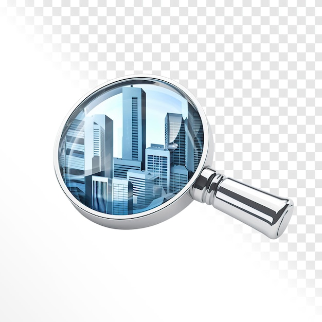 PSD magnifying glass over a modern building logo pure transparent background