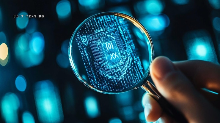 PSD magnifying glass reveals digital code cybersecurity concept