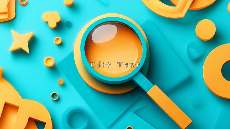 PSD magnifying glass on teal background with abstract shapes