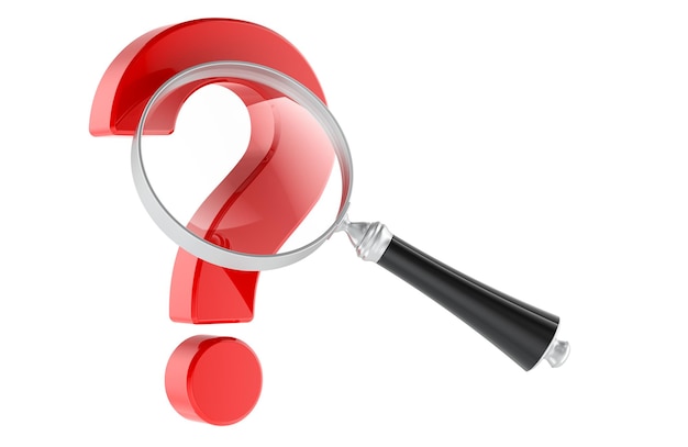 Magnifying glass with question mark 3D rendering isolated on transparent background