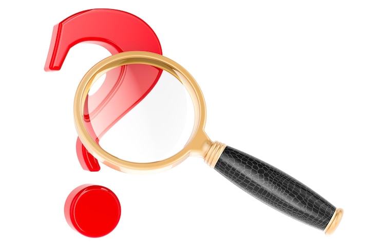 PSD magnifying glass with question mark 3d rendering isolated on transparent background