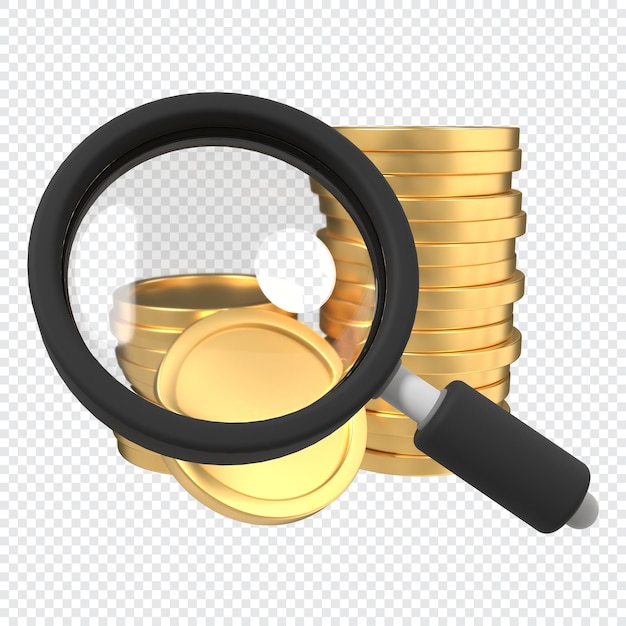 PSD magnifying glass with stack of golden coins dollar and magnifying glass business research concept 3d rendering illustration