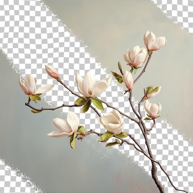 マグノリアの枝が花とつぼみの透明な背景で壁を飾った