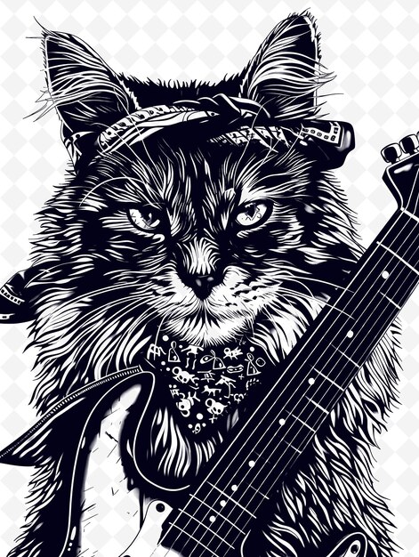 PSD maine coon cat with a guitar and bandana looking rock and ro zwierzęta sketch art kolekcje wektorowe