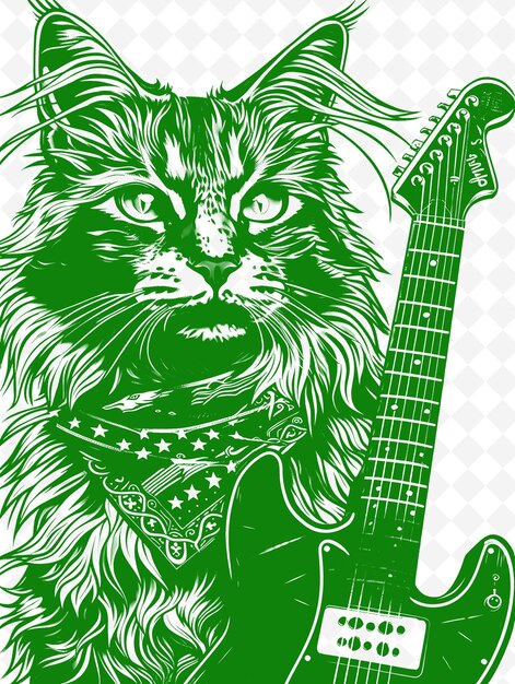 Maine Coon Cat With A Guitar And Bandana Looking Rock And Ro Zwierzęta Sketch Art Kolekcje Wektorowe